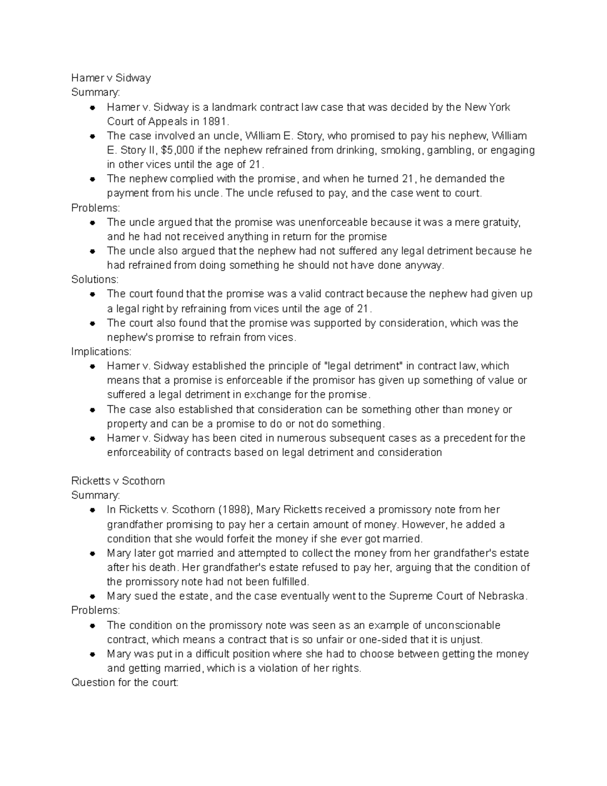Chapter 7 Notes Hamer v Sidway Summary Hamer v. Sidway is a landmark