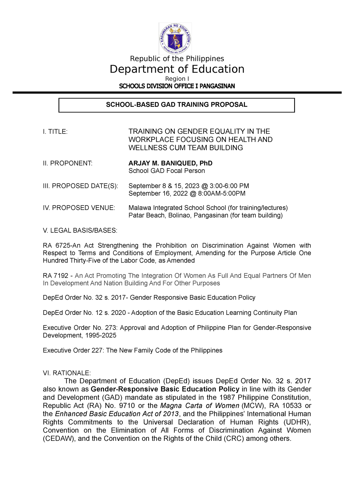 GAD-TRAINING-PROPOSAL-2023-MalawaIS - Republic of the Philippines ...