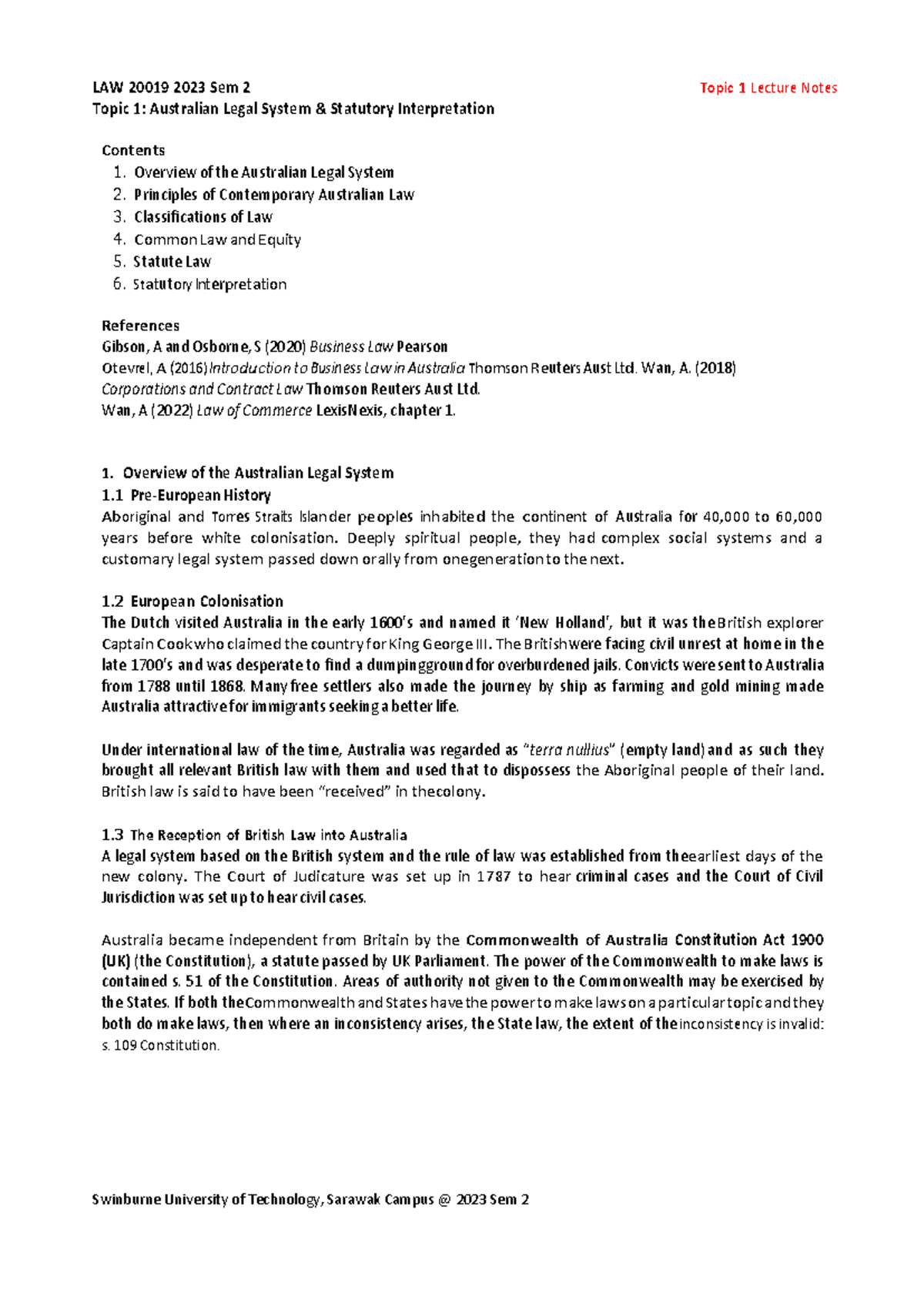 LAW2001 9 2023 Sem 2 Topic 1 Lecture Notes Topic 1 Australian Legal