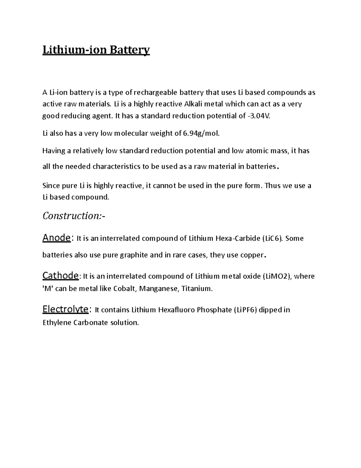 Chemistry batteries notes Lithiumion Battery A Liion battery is a