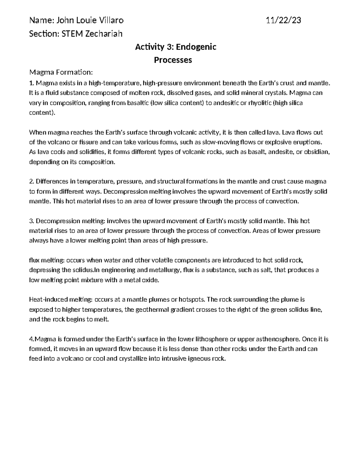 Activity 3 Endogenic Processes - Name: John Louie Villaro 11/22 ...