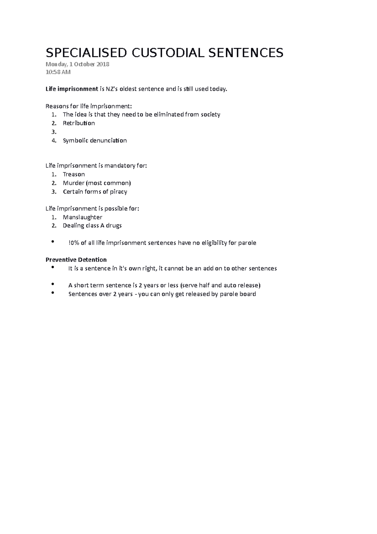 Specialised Custodial Sentences SPECIALISED CUSTODIAL SENTENCES Monday, 1 October 2018 1058 Specialised Custodial Sentences SPECIALISED CUSTODIAL SENTENCES Monday, 1 October 2018 1058