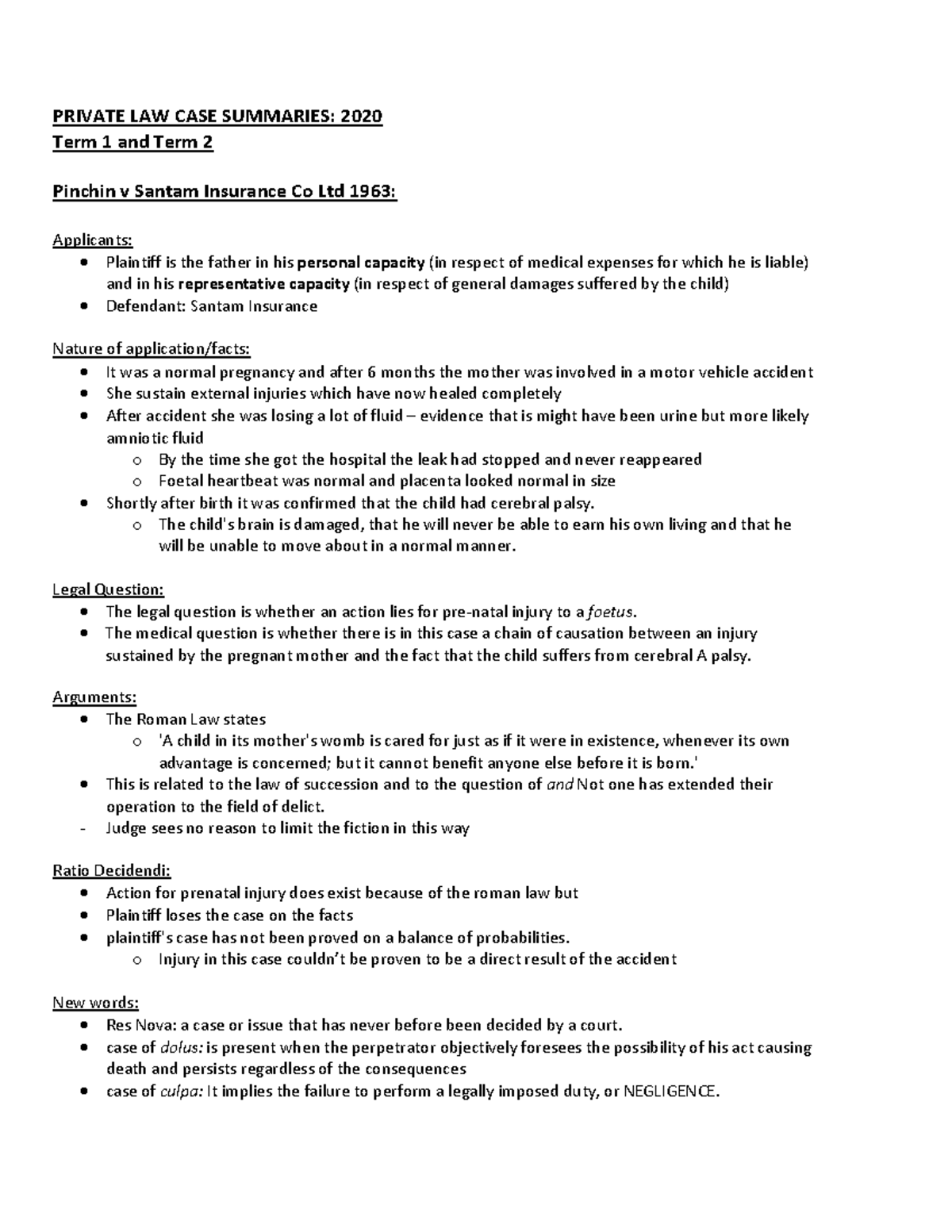Private law cases t1 and t2 PRIVATE LAW CASE SUMMARIES 2020 Term 1