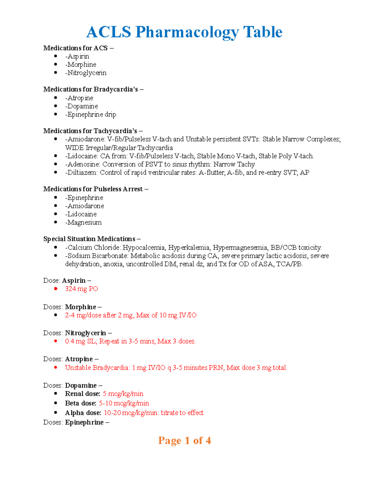 **ACLS Pharmacology Table Medications for ACS Aspirin Morphine