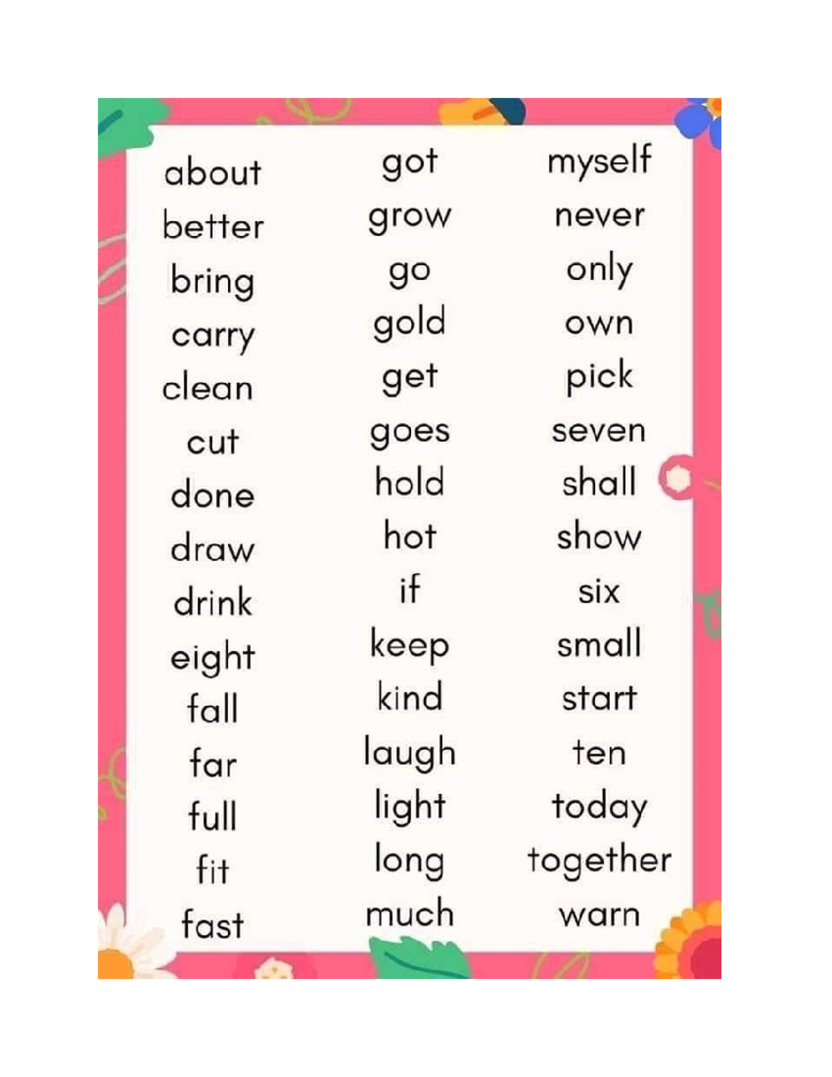English Basic Sight Words - about got myself better grow never bring go ...