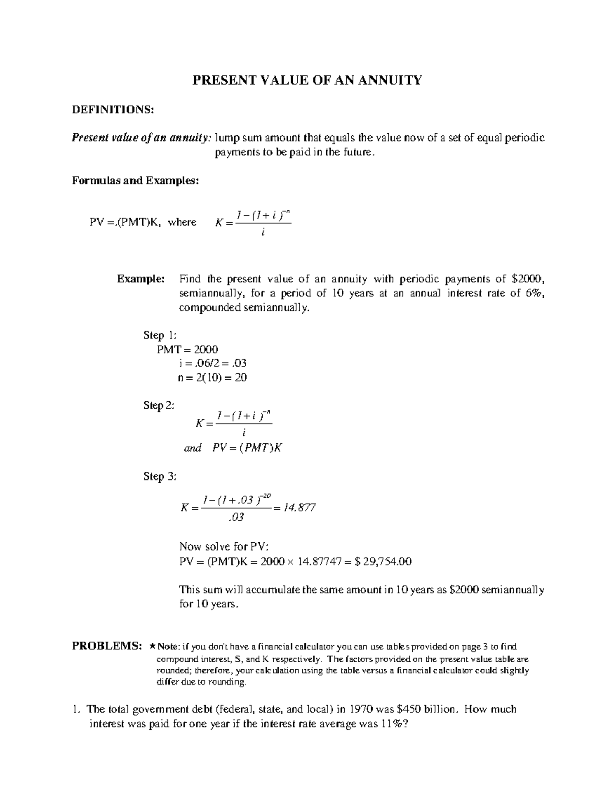 Present values and annuty - PRESENT VALUE OF AN ANNUITY DEFINITIONS ...