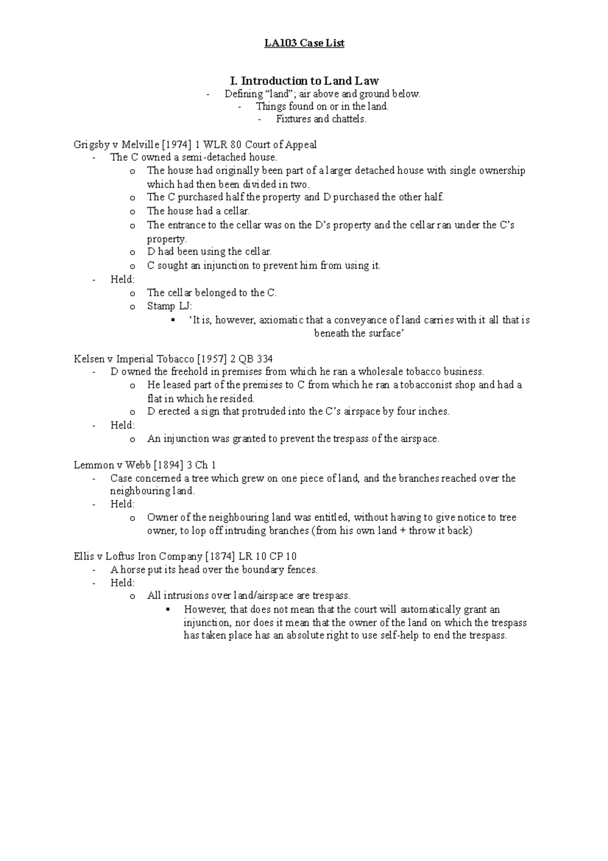 Land Law Case List I. Introduction to Land Law Defining “land”; air