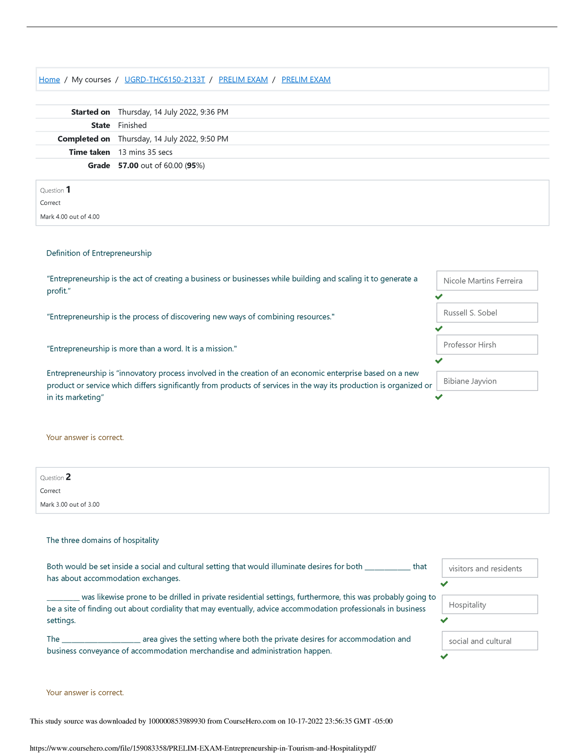 Prelim EXAM Entrepreneurship in Tourism and Hospitality - Home/My ...