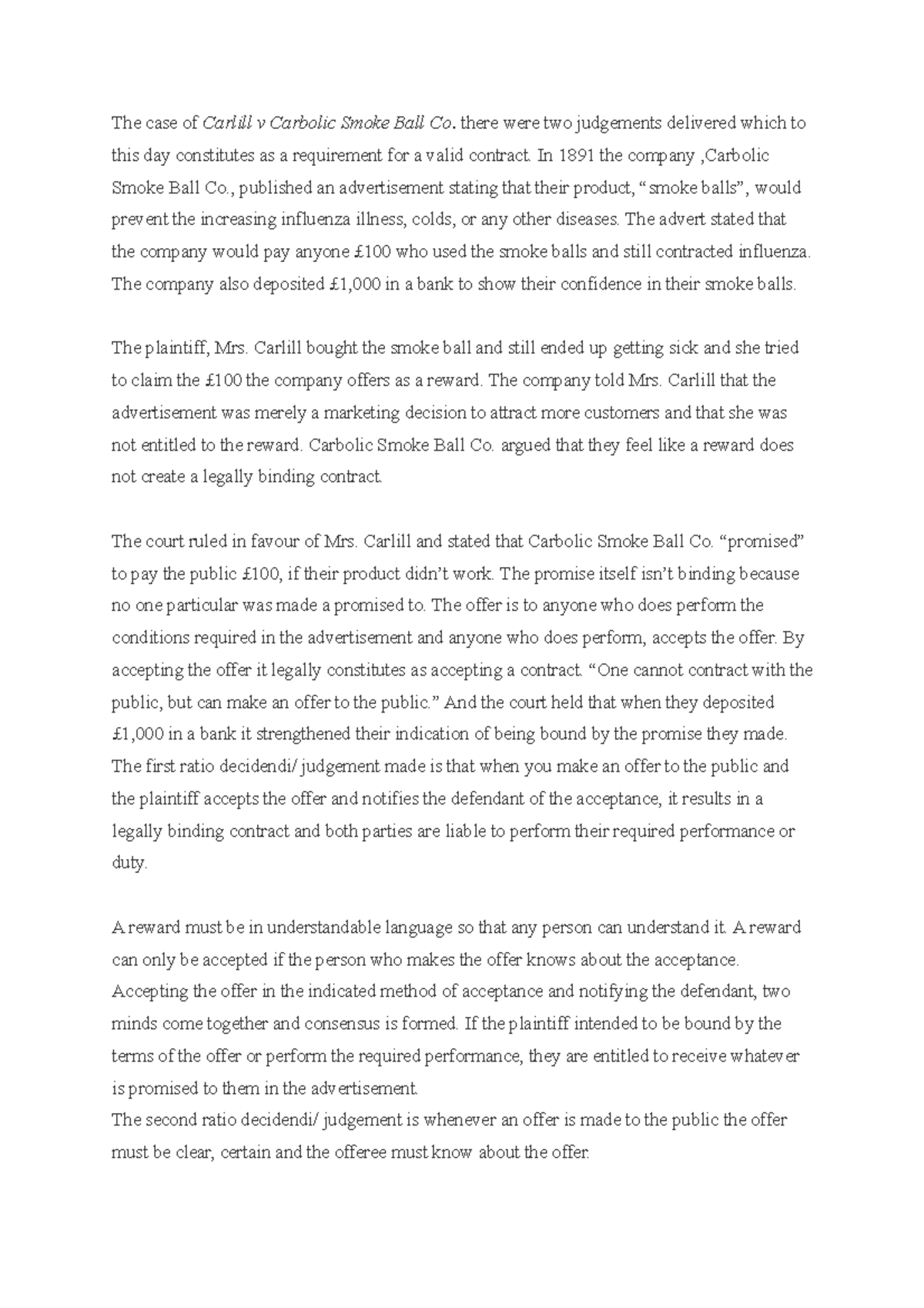 CARLILL V CARBOLIC SMOKE BALL CO CASE SUMMARY The case of Carlill v