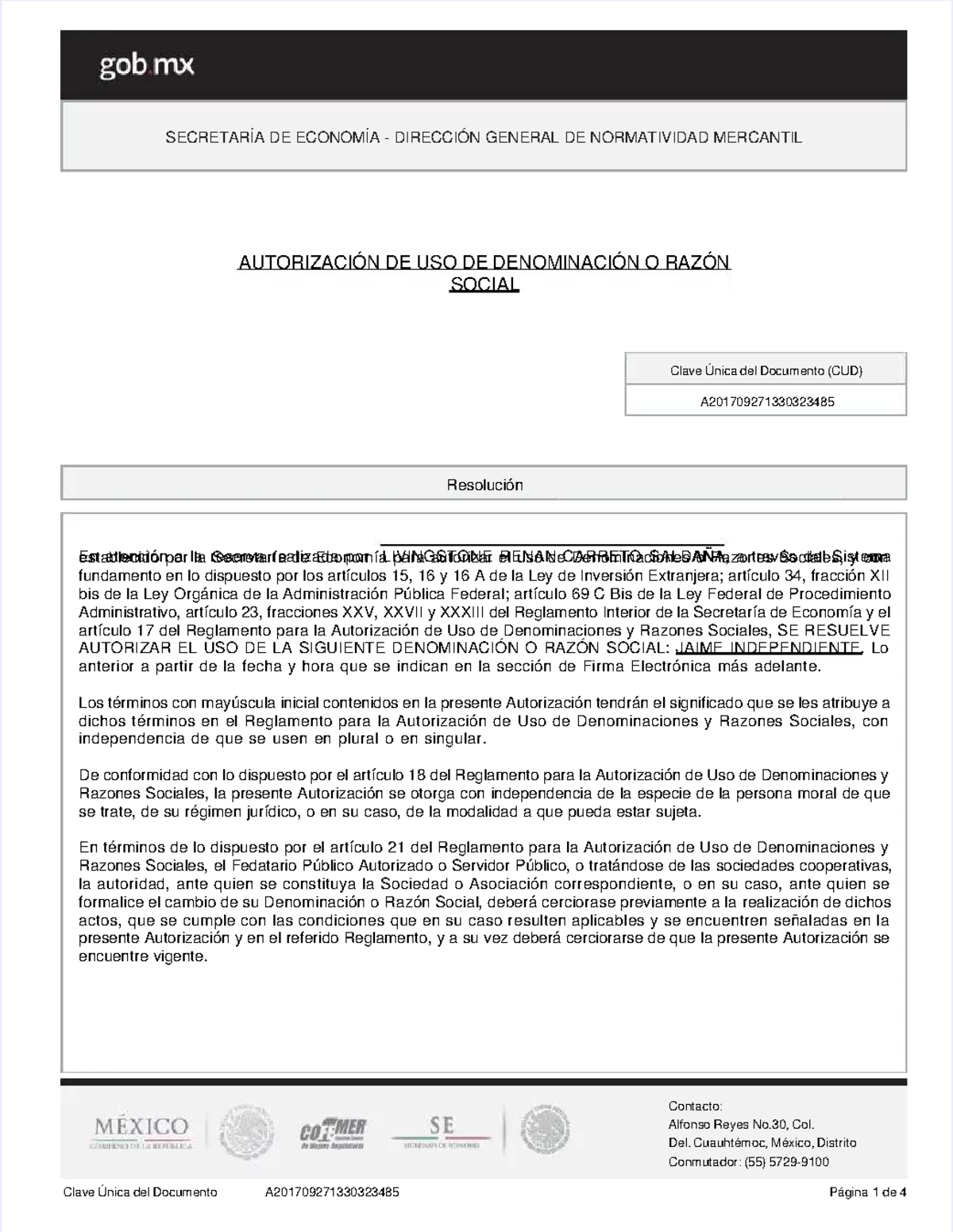 Autorizacion de uso de denominacion o razon social - AUTORIZACIÓN DE ...