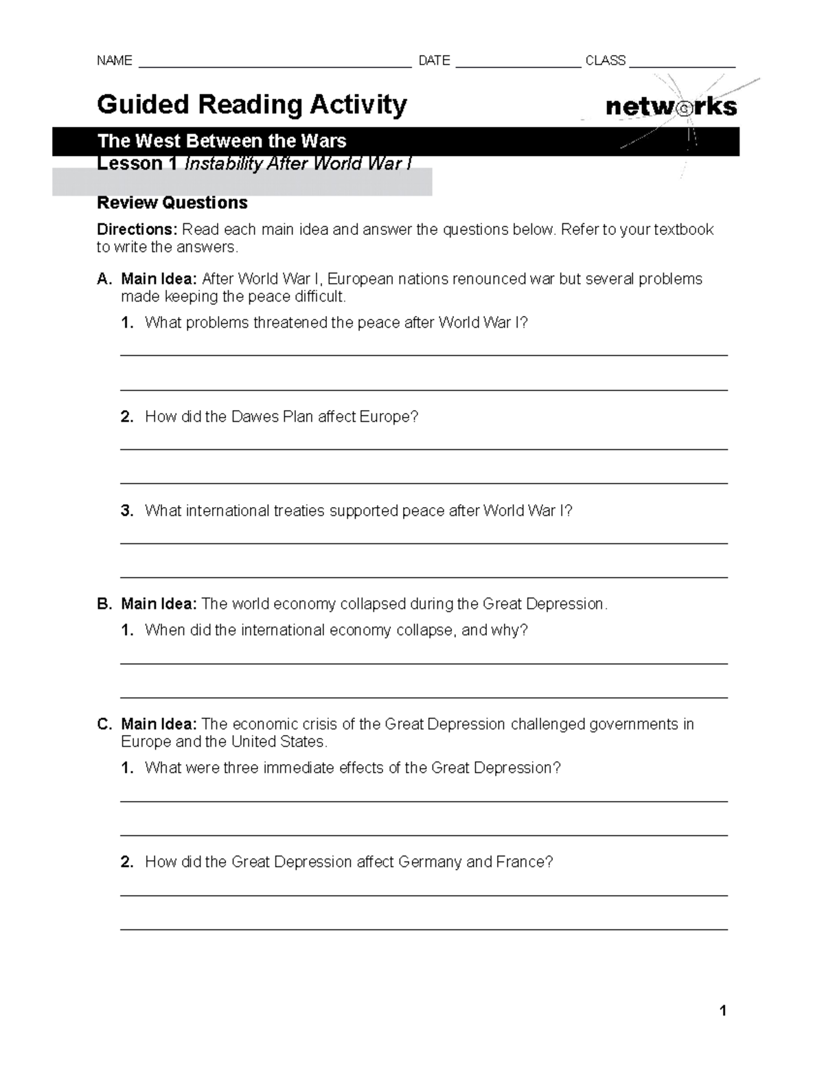 Lesson 1 Instability After World War I Guided Reading Activity Editable ...