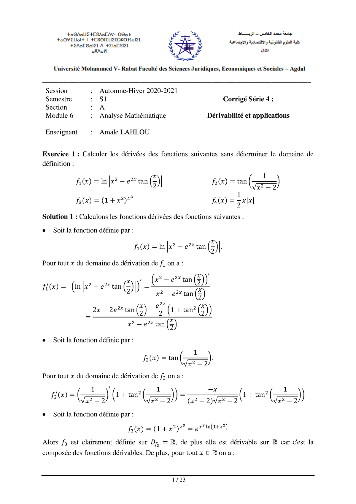 Exercices Et Corrigé Dérivabilité Et Applications - 1 / 23 Exercice 1 ...