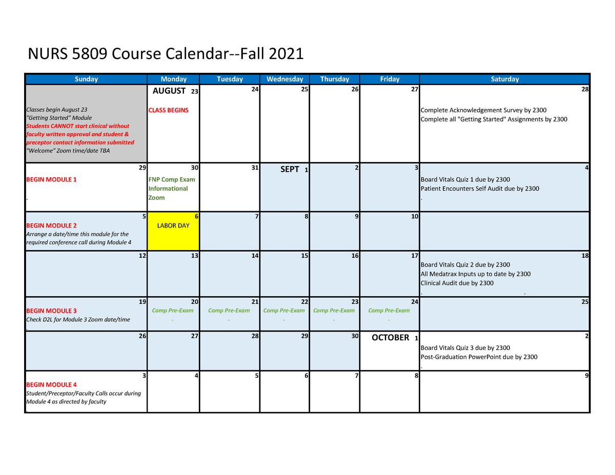 5809 Clinical Calendar NURS 5809 Course CalendarFall 2021 Sunday