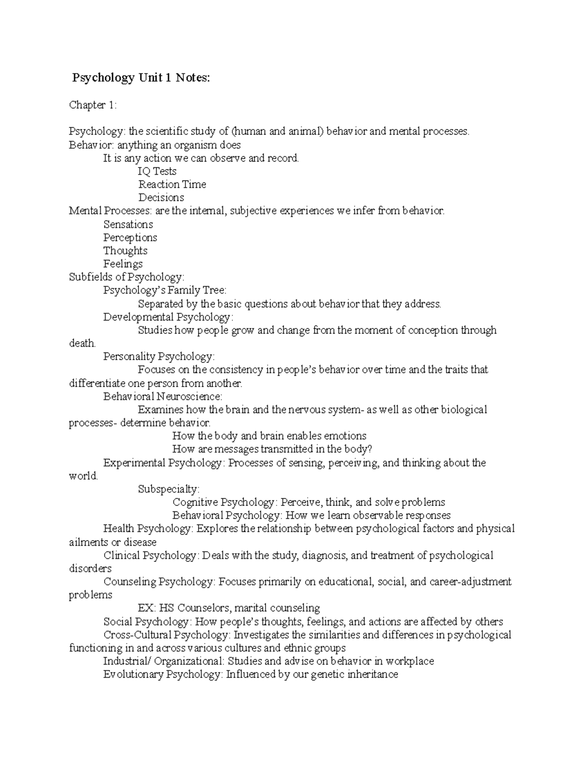 Psychology Exam 1 Notes - Psychology Unit 1 Notes: Chapter 1 ...