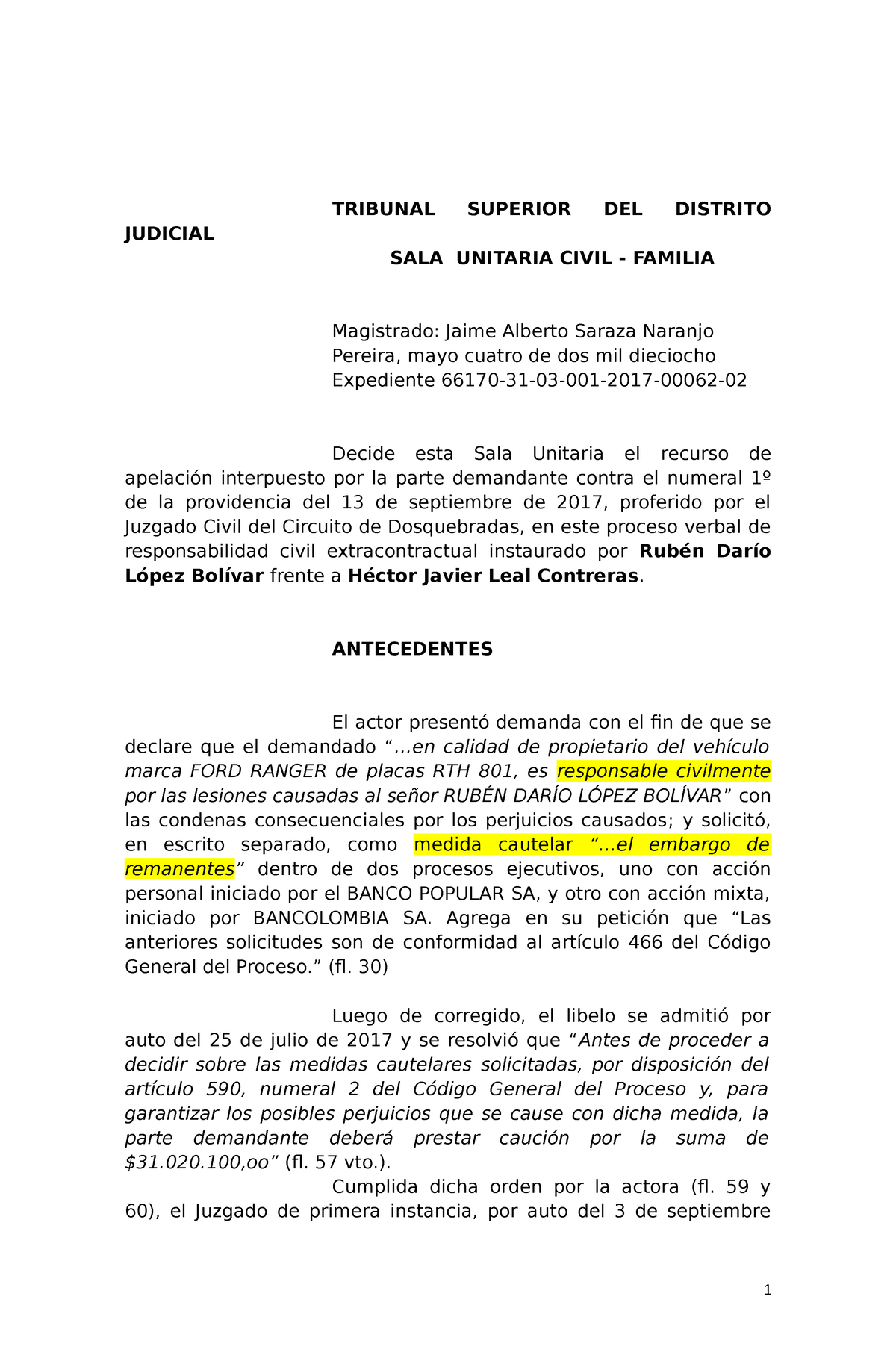 TRIBUNAL SUPERIOR DEL DISTRITO JUDICIAL SALA UNITARIA CIVIL - FAMILIA ...