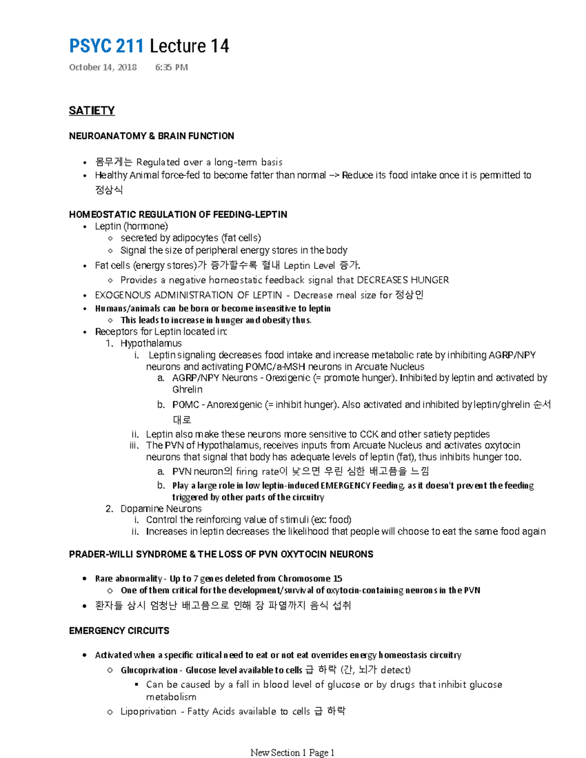 Lecture 14 Notes - PSYC 211 Lecture 14 October 14, 2018 6:35 PM SATIETY ...
