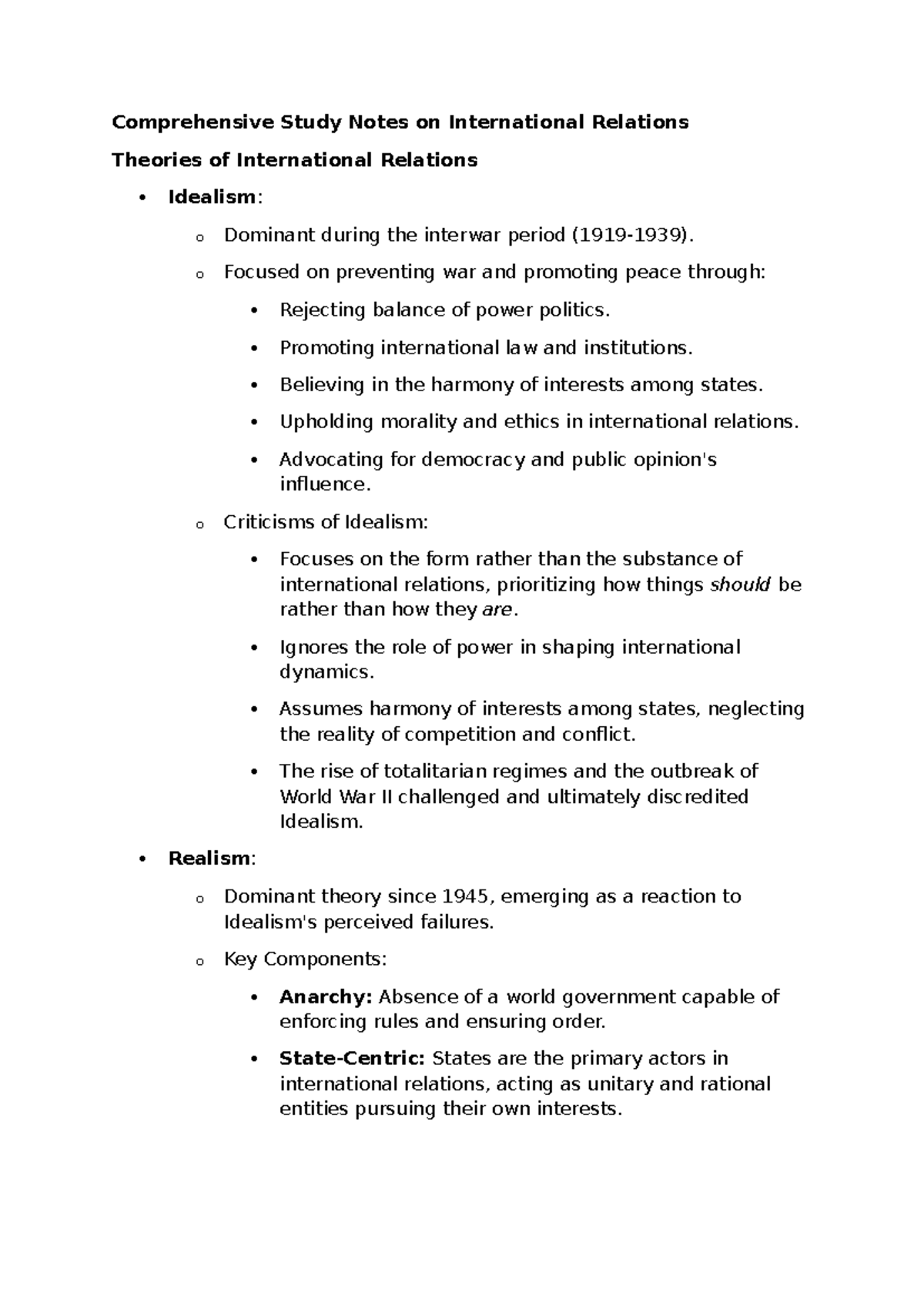 Comprehensive Study Notes on International Relations - o Focused on ...
