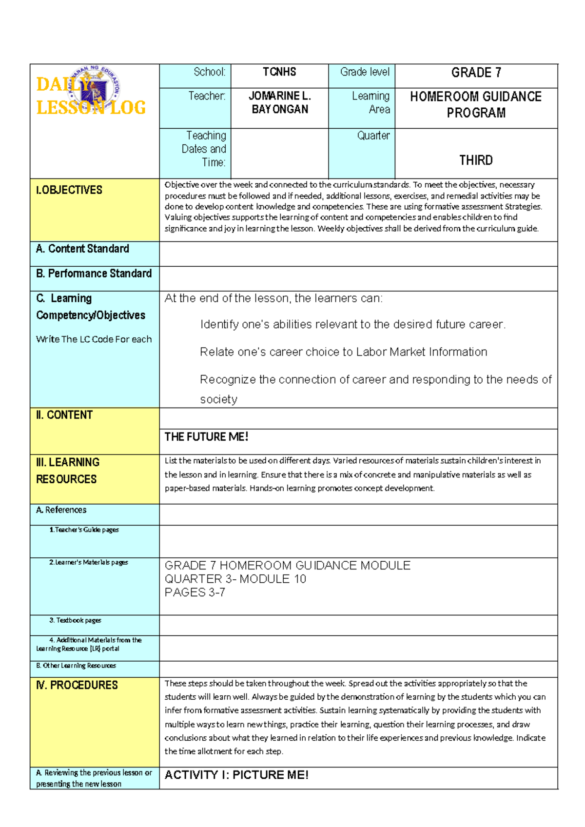 DLP IN G7 HG Q3 Module 10 J. Bayongan - DAILY LESSON LOG School: TCNHS ...