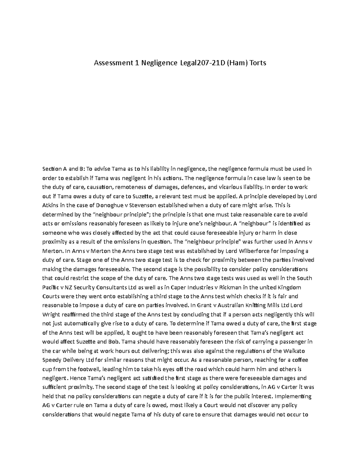 Assessment 1 Negligence Legal 207 - Torts - UOW - Studocu