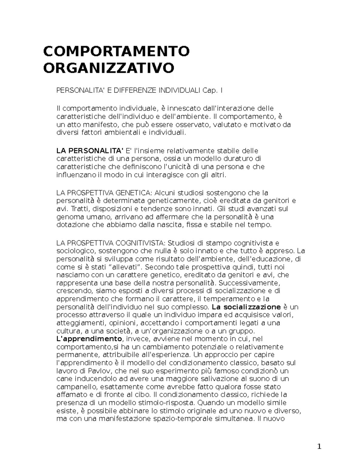 Riassunto Organizzazione Aziendale - COMPORTAMENTO ORGANIZZATIVO ...