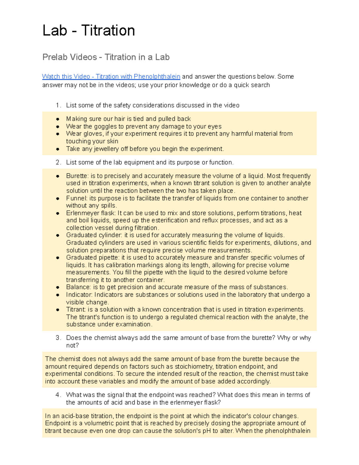 Titration and Ka gizmo Lab Titration Prelab Videos Titration in a