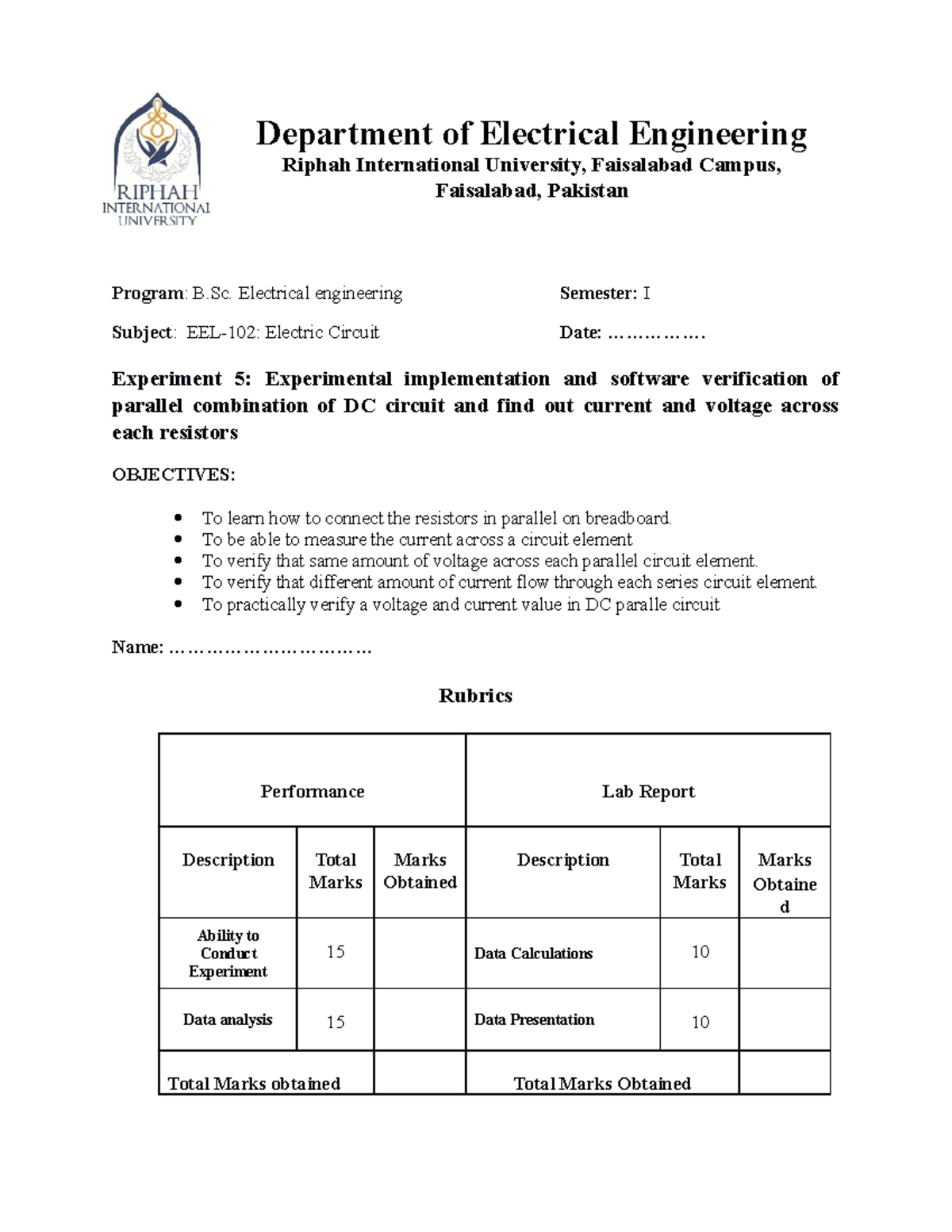 Electric Circuit Student Lab 4 Experiment For Practice - Department Of ...