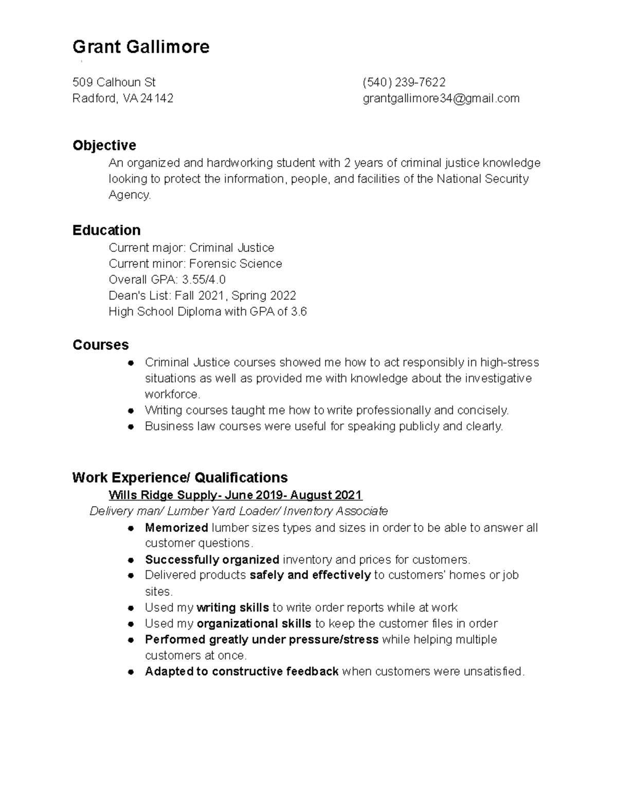 Resume - Grant Gallimore 509 Calhoun St (540) 239- Radford, VA 24142 ...