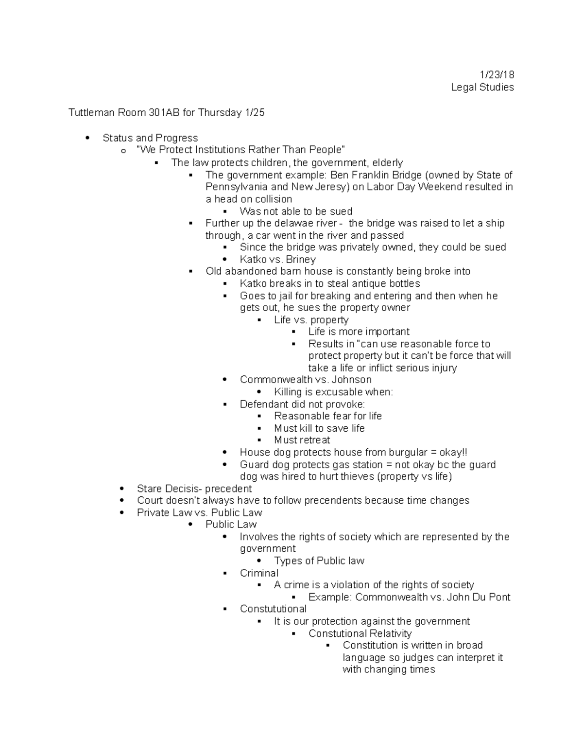 Law notes - 1/23/18 Legal Studies Tuttleman Room 301AB for Thursday 1 ...