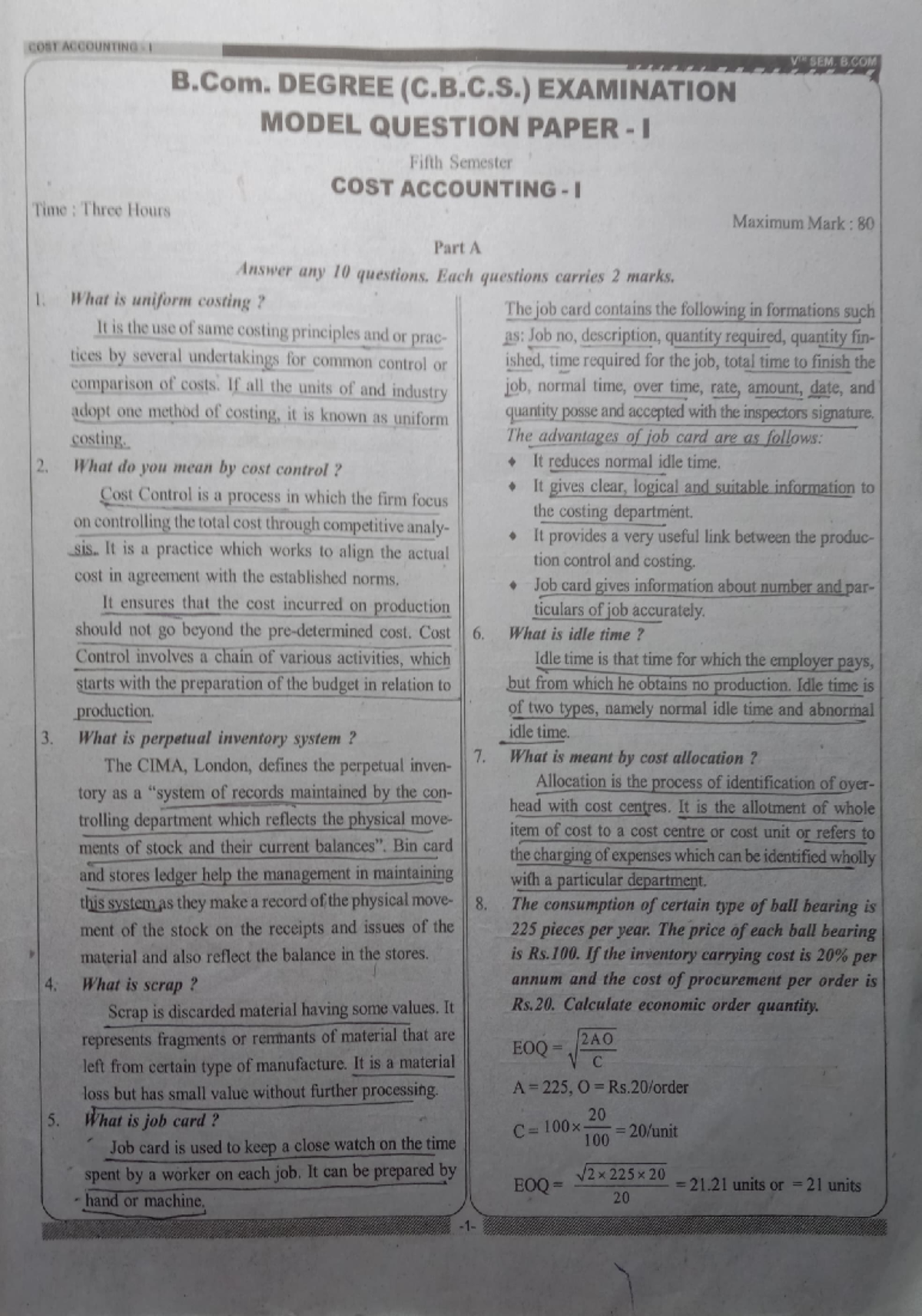 Cost Accounting - 5th Semester Practice Material Notes And Previous ...