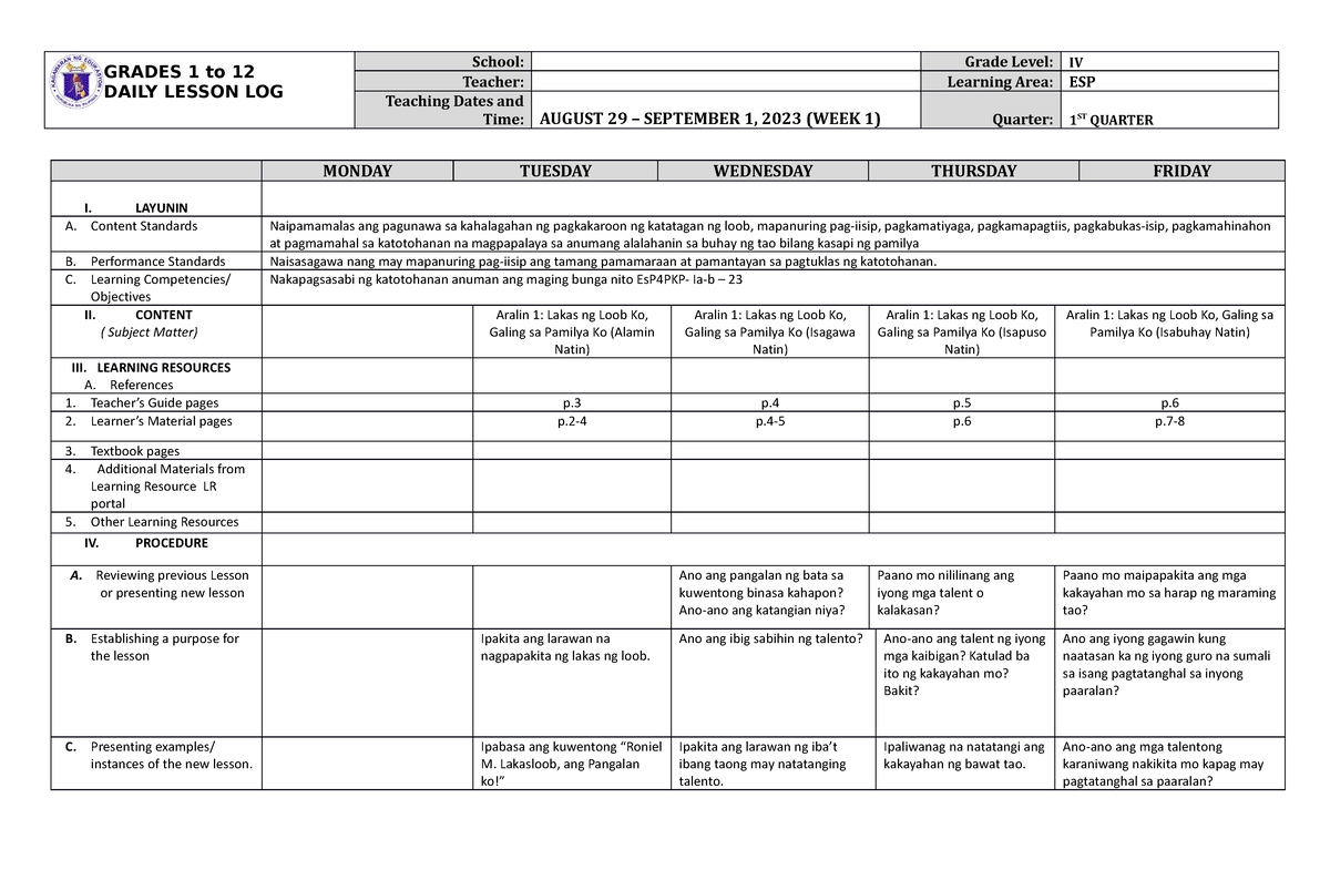 DLL ESP 4 Q1 W1 - Daily Lesson Log - GRADES 1 To 12 DAILY LESSON LOG ...