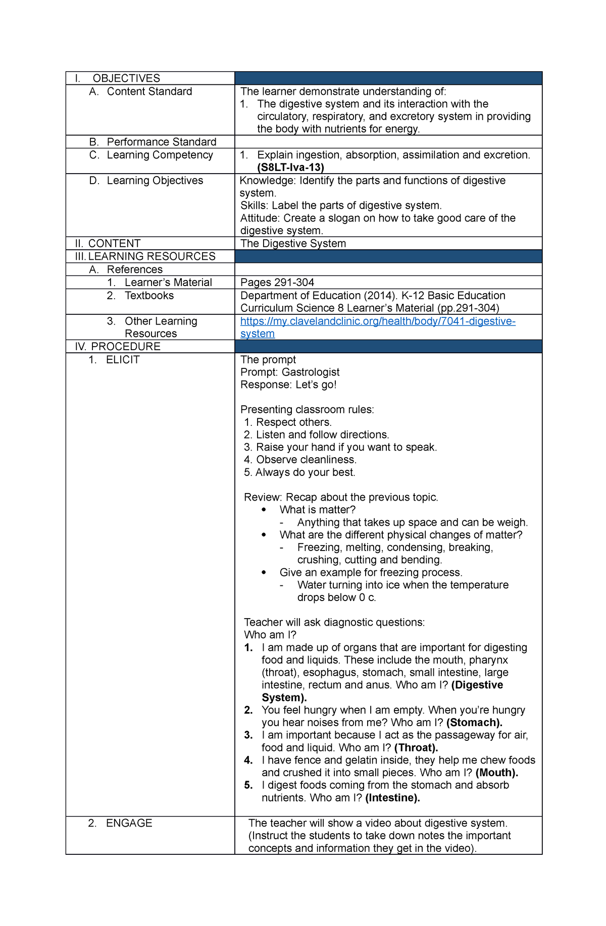 Digestiveeeee system lesson plan - BSE English - Studocu