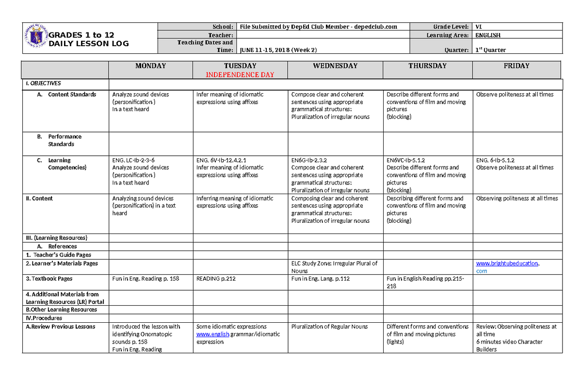 DLL English 6 Q1 W2 - GRADES 1 to 12 DAILY LESSON LOG School: File ...