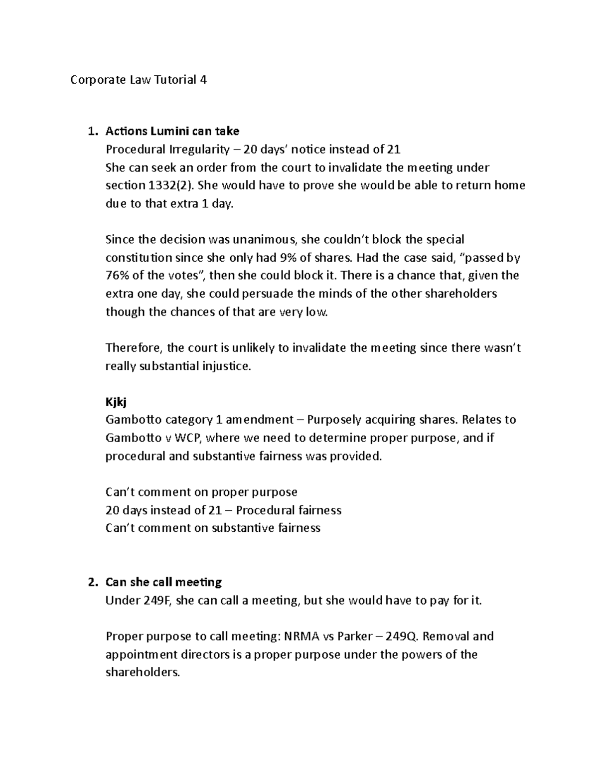 Tute 4 work - Tute 4 - Corporate Law Tutorial 4 Actions Lumini can take ...