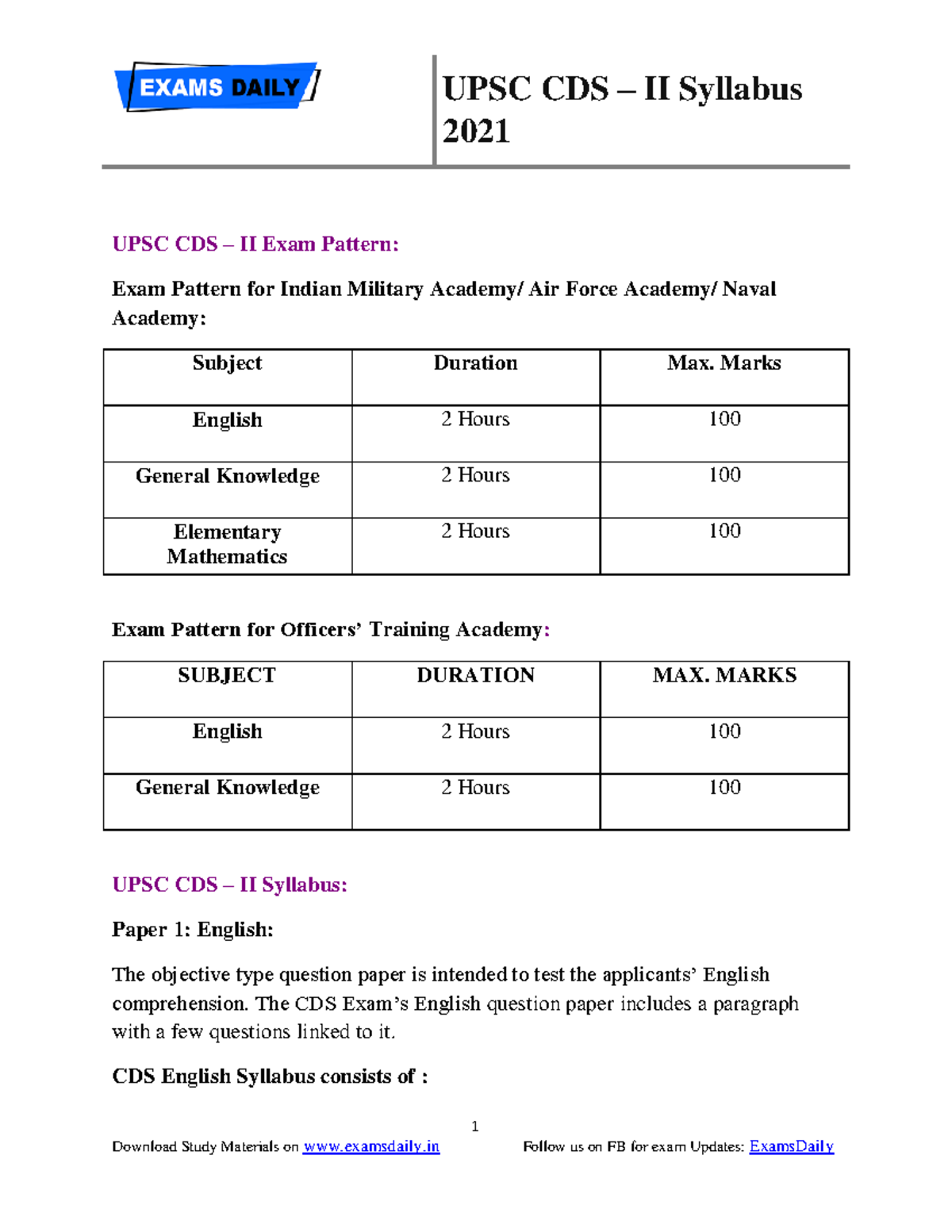 UPSC CDS – II Syllabus 2021 - 2021 1 UPSC CDS – II Exam Pattern: Exam ...