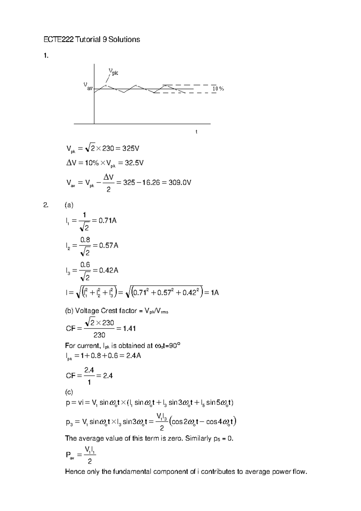 Ecte222Tutorial9Sols2006 - Tutorial 9 Solutions 1. Vpk 2 230 325V Vpk ...