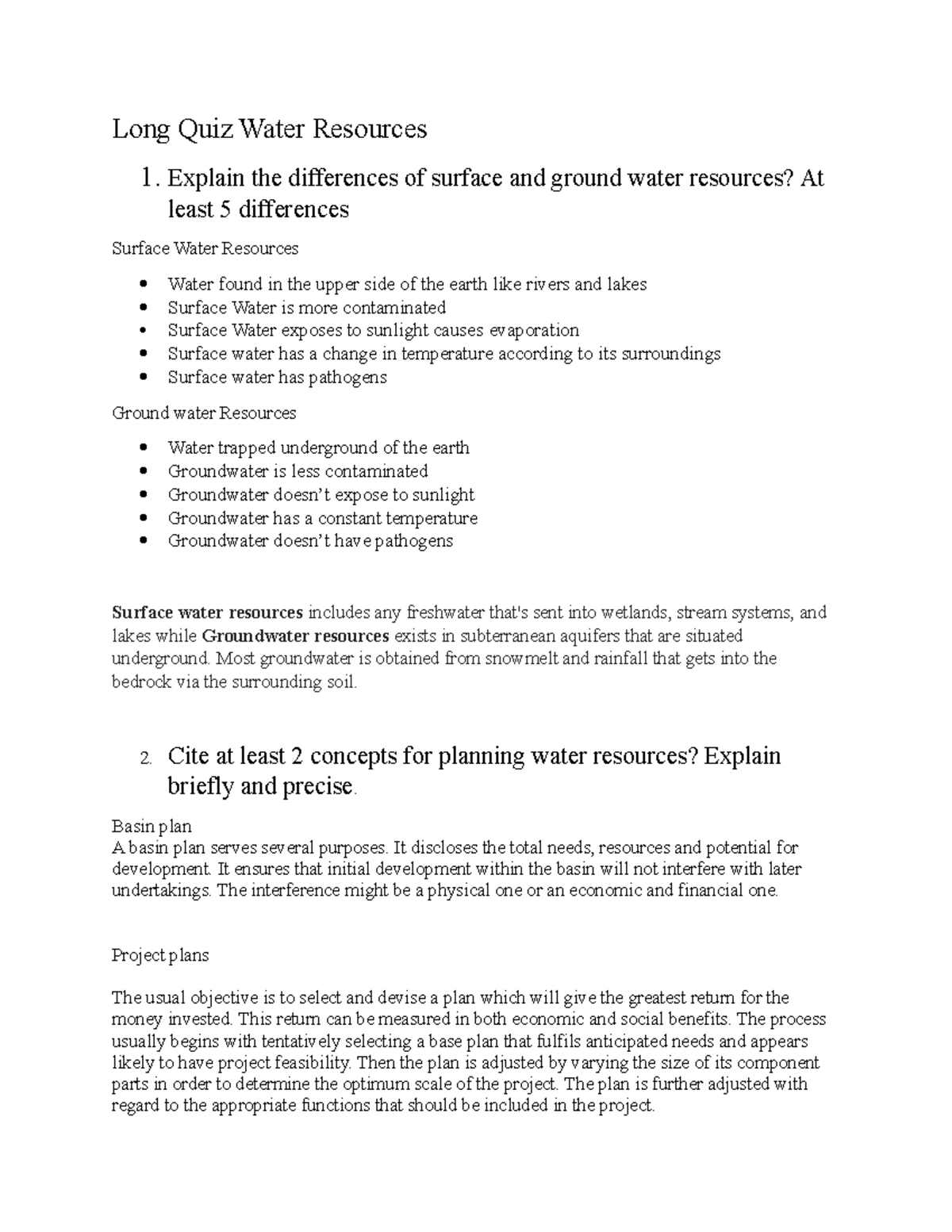 Long Quiz Water Resources - Explain the differences of surface and ...