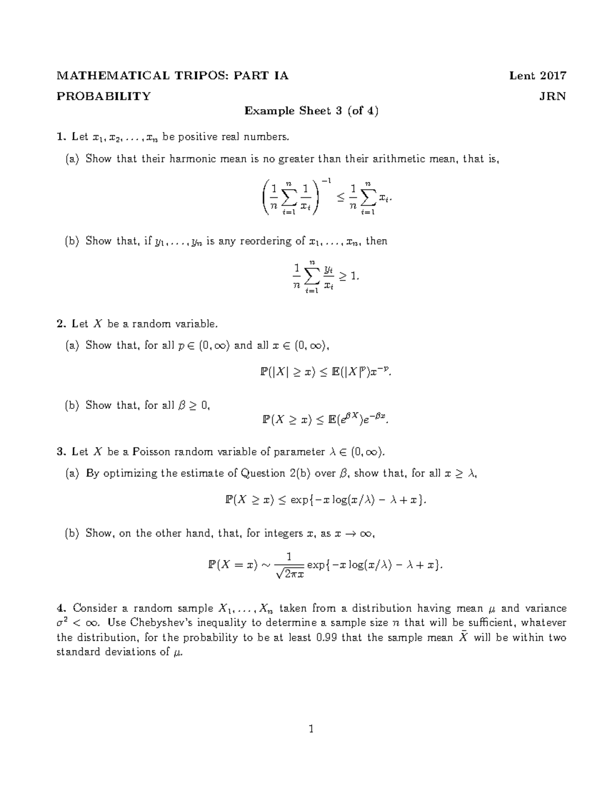 Probability 2016-2017 Example Sheet 3 - MATHEMATICAL TRIPOS: PART IA ...