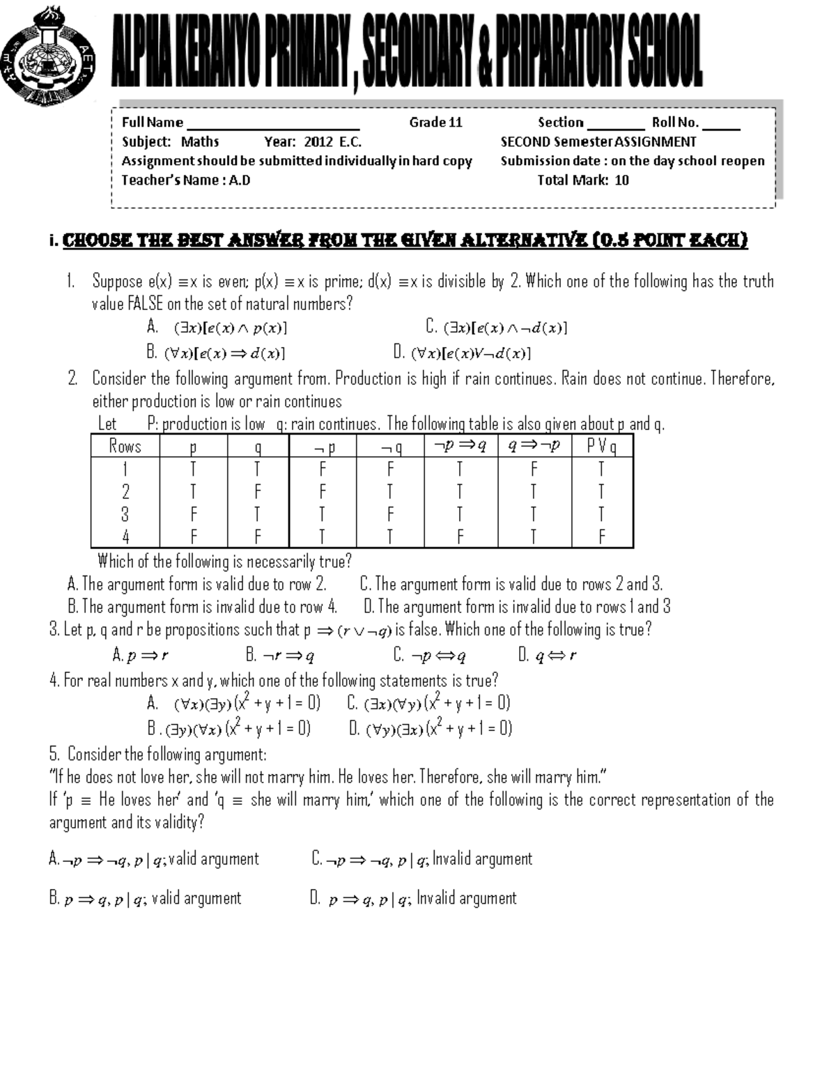 Math Grade 11 Math past exams i. Choose the best answer from the