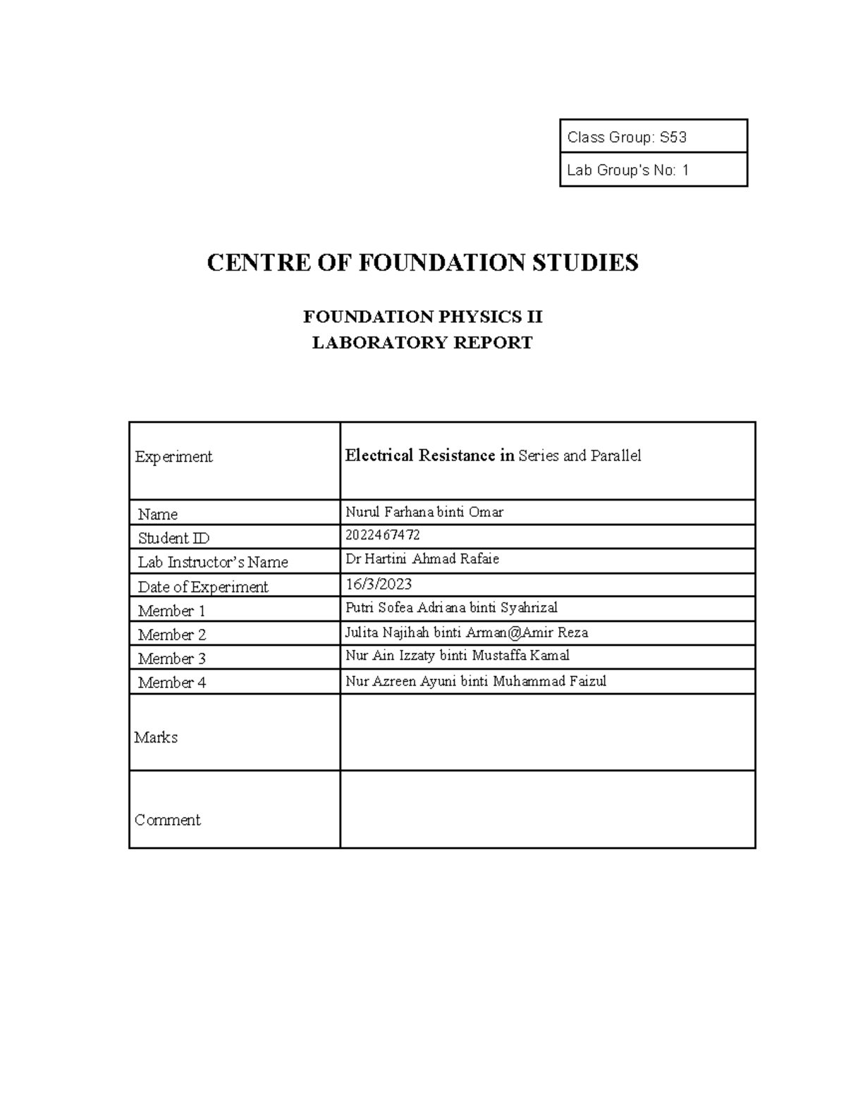 Electrical Resistance In Series And Parallel Experiment - Class Group 