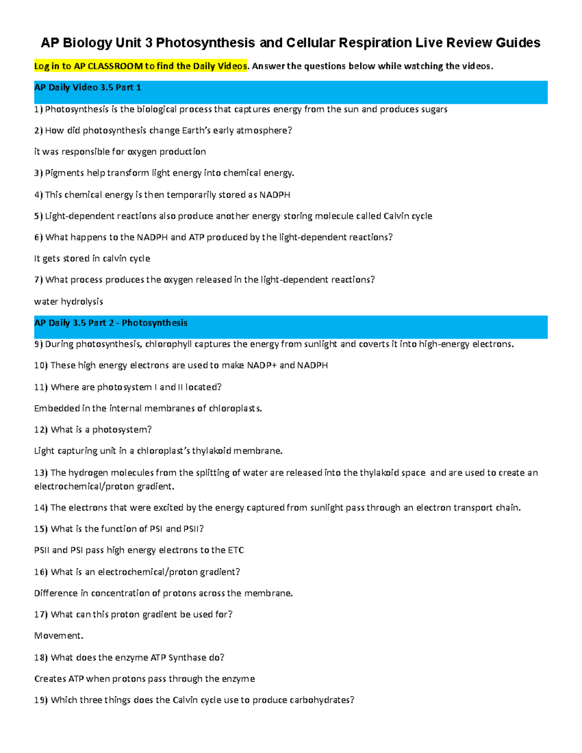 AP Biology Unit 3 Photosynthesis and Cellular Respiration Live Review ...