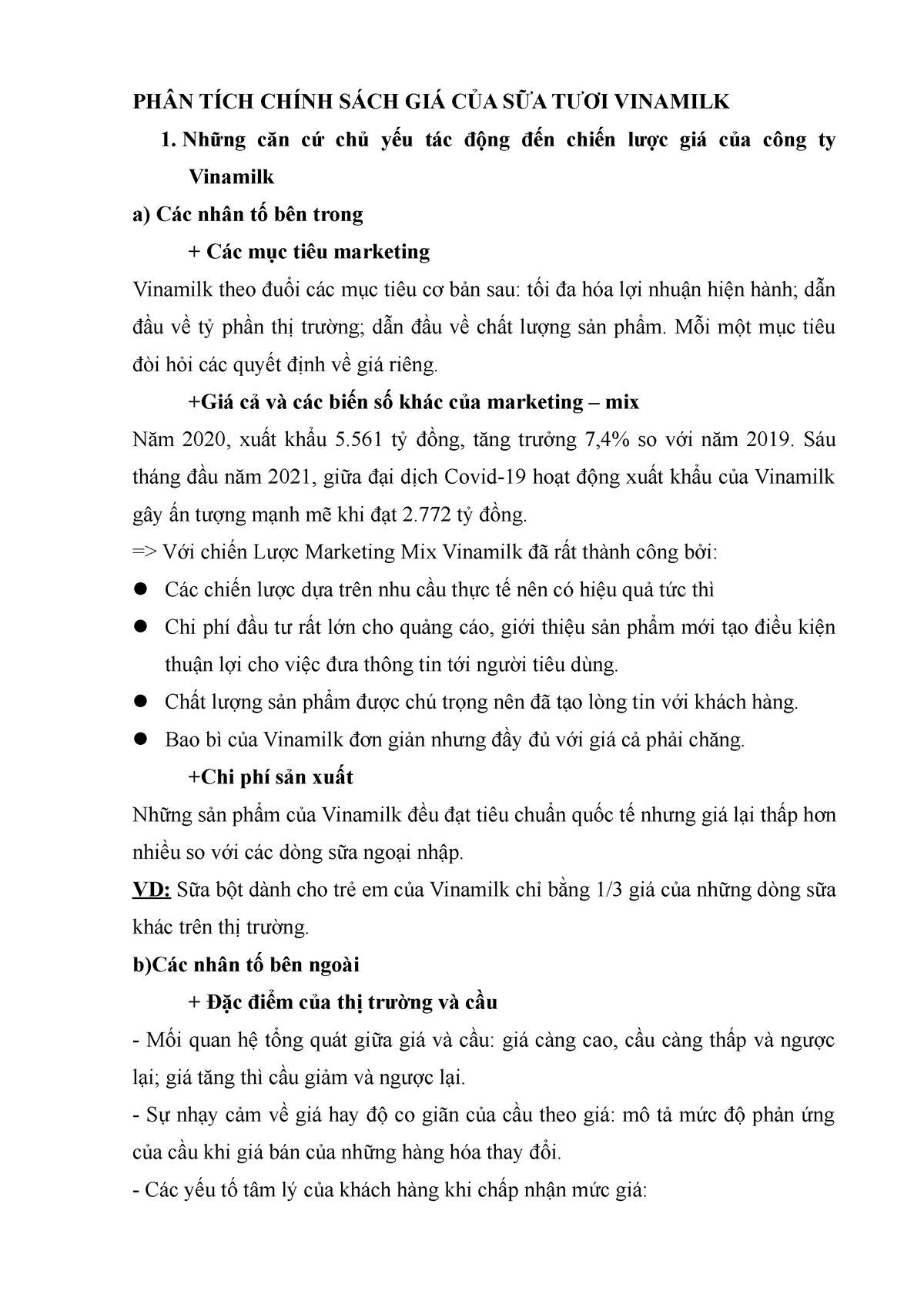 Chính SÁCH GIÁ CỦA Vinamilk - PHÂN TÍCH CHÍNH SÁCH GIÁ CỦA SỮA TƯƠI VINAMILK Những căn cứ chủ yếu - Studocu