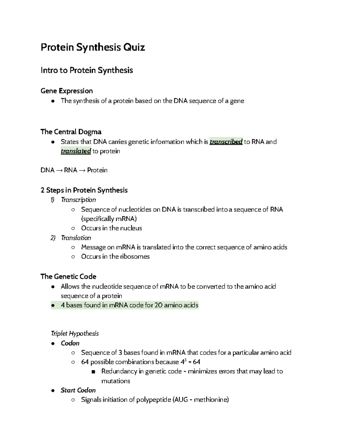 Copy Of Protein Synthesis Quiz Review Protein Synthesis Quiz Intro To