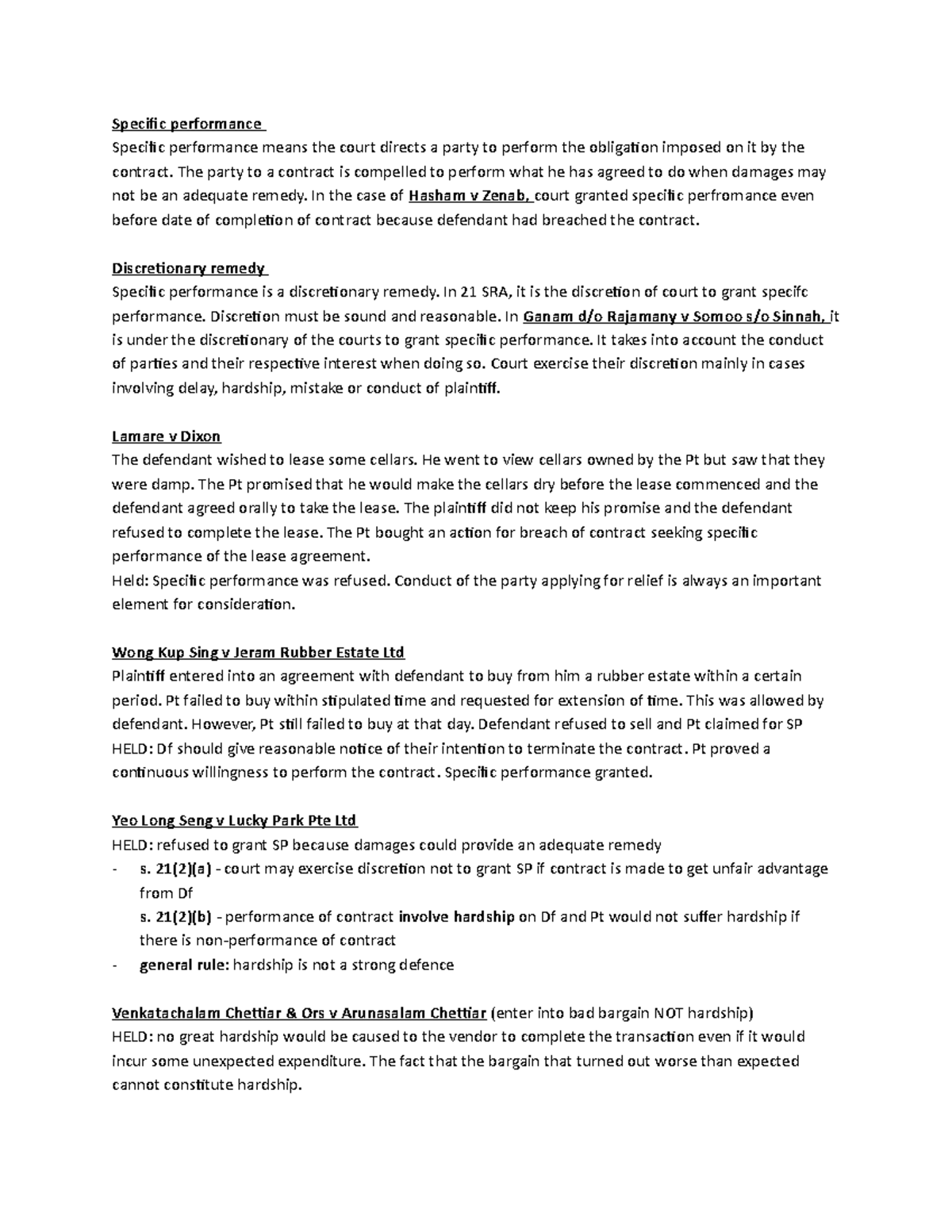 Chapter 8 Specific Performance - Specific performance Specific ...