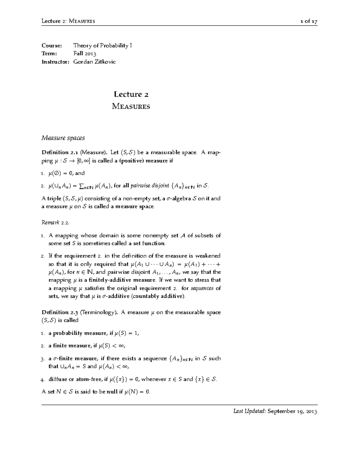 2 - Chapter 2 - Course: Theory of Probability I Term: Fall 2013 ...
