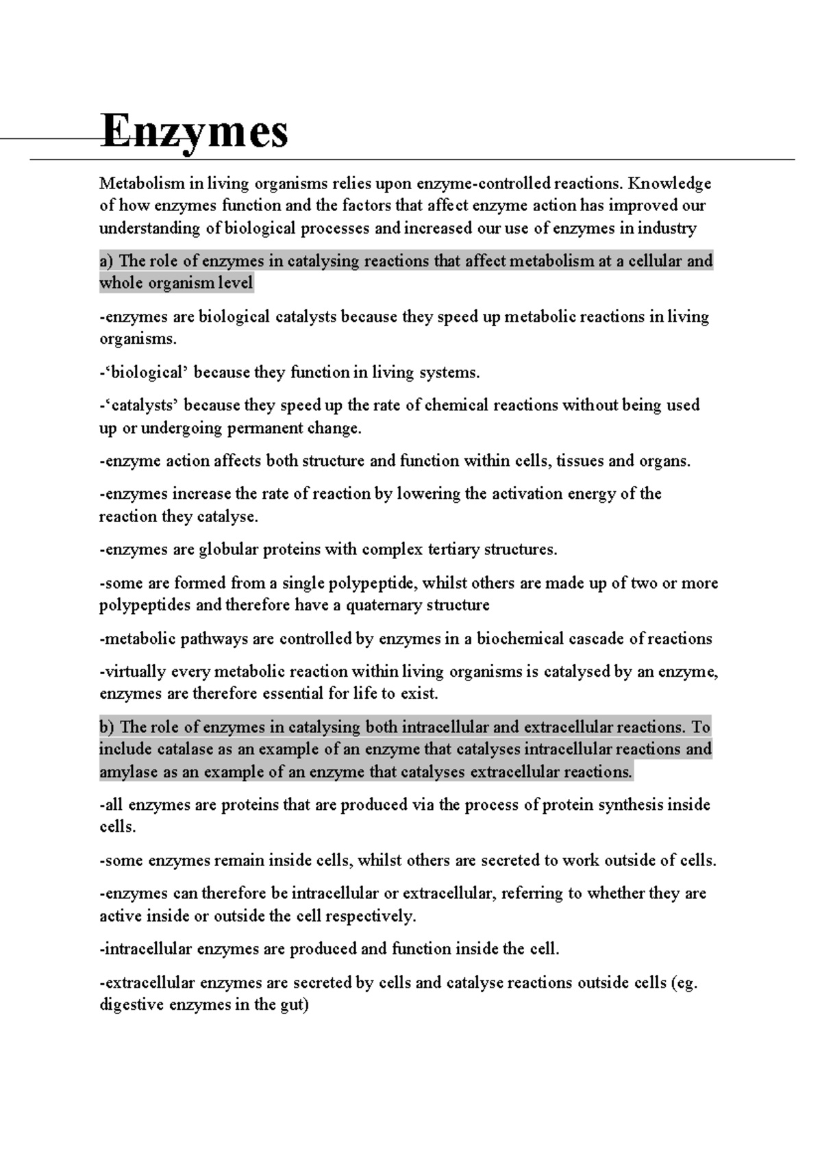 Enzymes notes - Enzymes Metabolism in living organisms relies upon ...