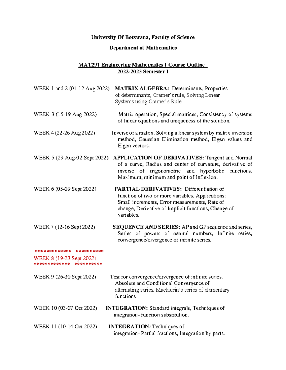 MAT291 Course Outline - University Of Botswana, Faculty of Science ...