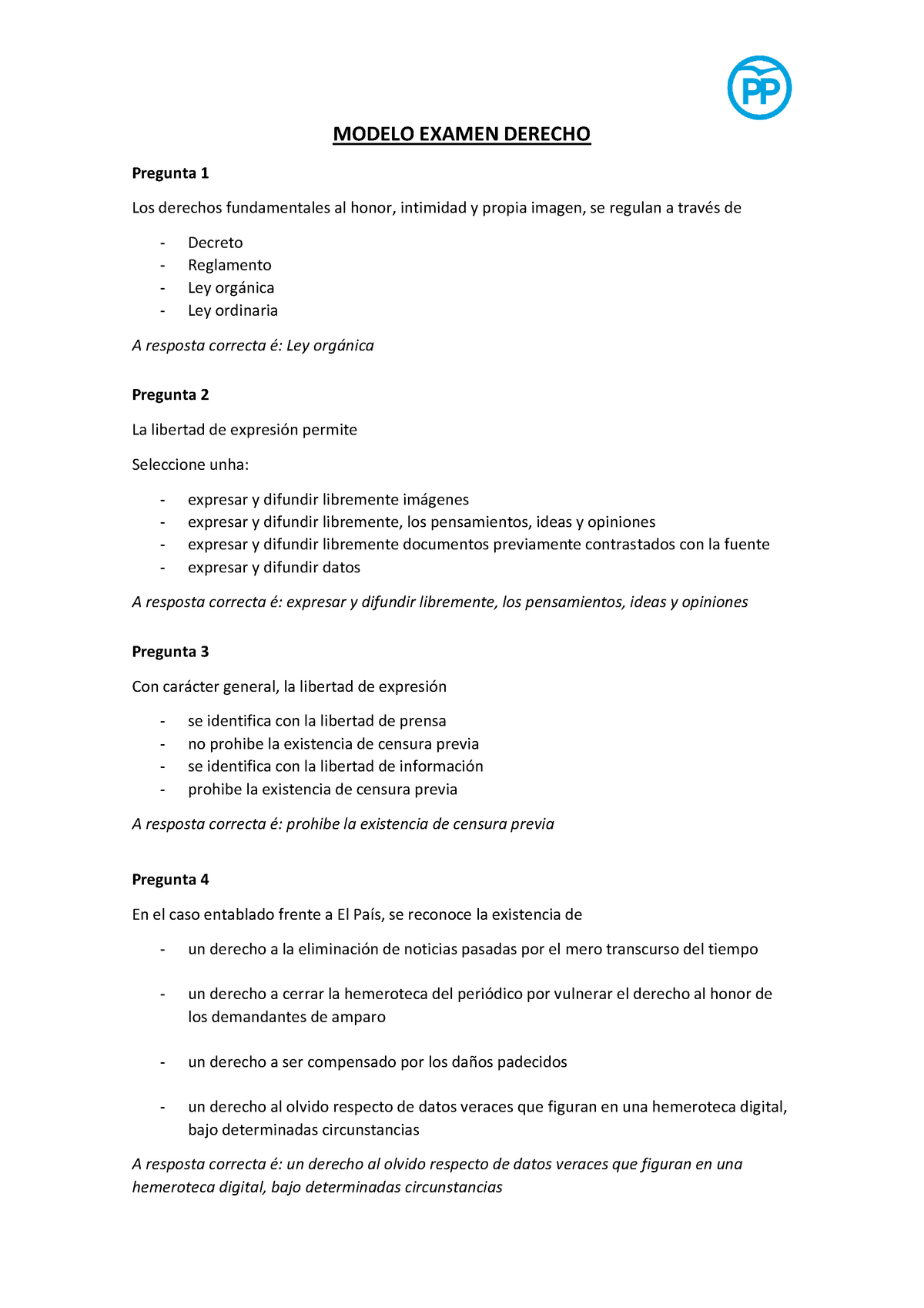 Modelo Examen Derecho de la información. USC. - MODELO EXAMEN DERECHO  Pregunta 1 Los derechos - Studocu