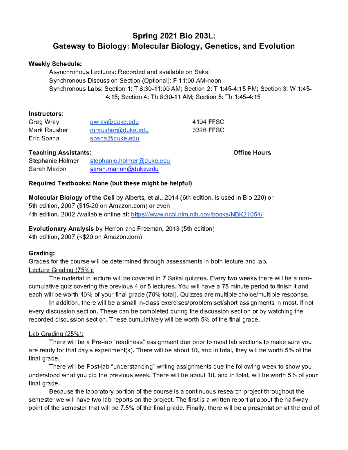 Intro to biology syllabus and schedule - Spring 2021 Bio 203L: Gateway ...