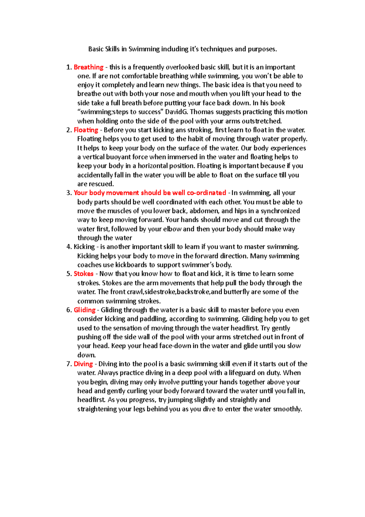 Basic skills in swimming including it breathing this is a