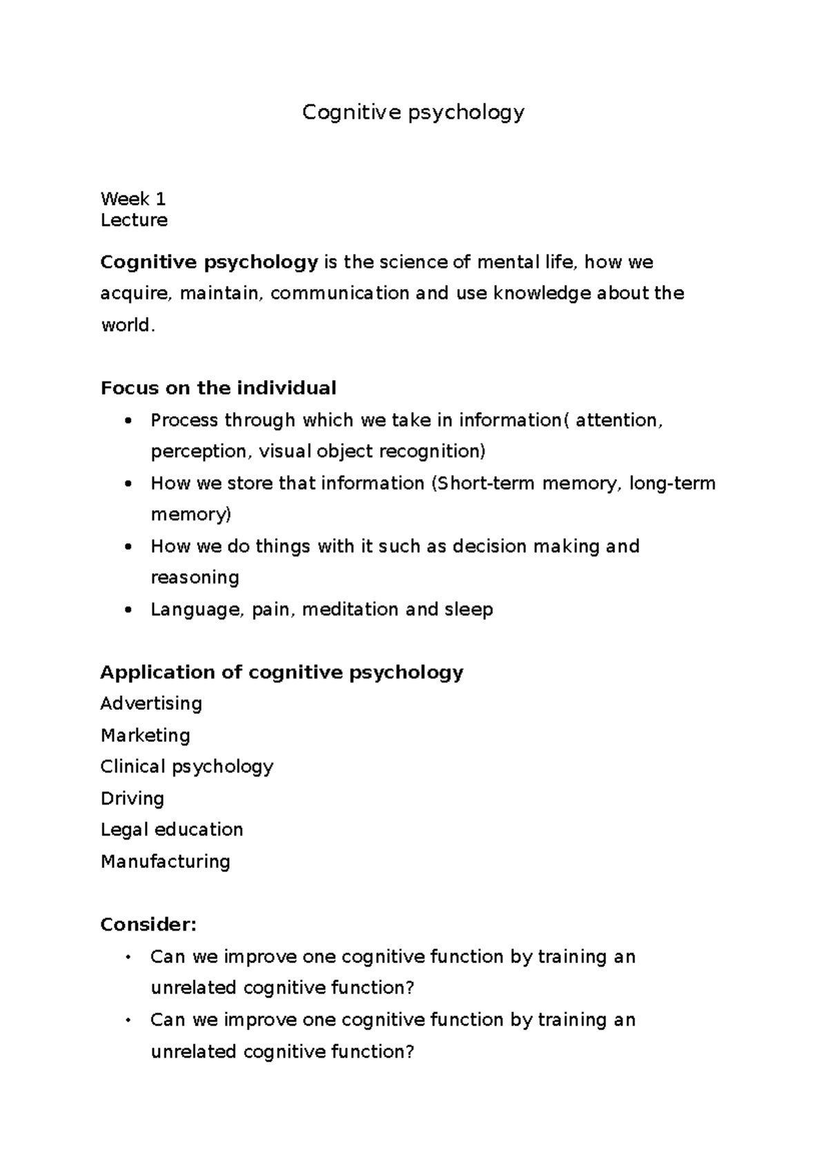 Cognitive psychology notes - Cognitive psychology Week 1 Lecture ...